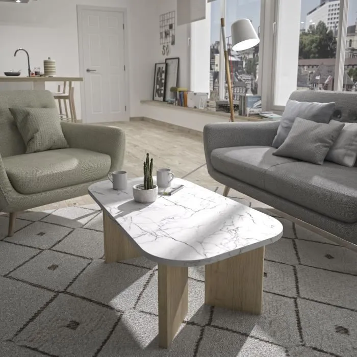 Diagone Table basse ovale QUARTZ, blanc effet marbre, pieds en chêne, dimensions 105x58x39 cm