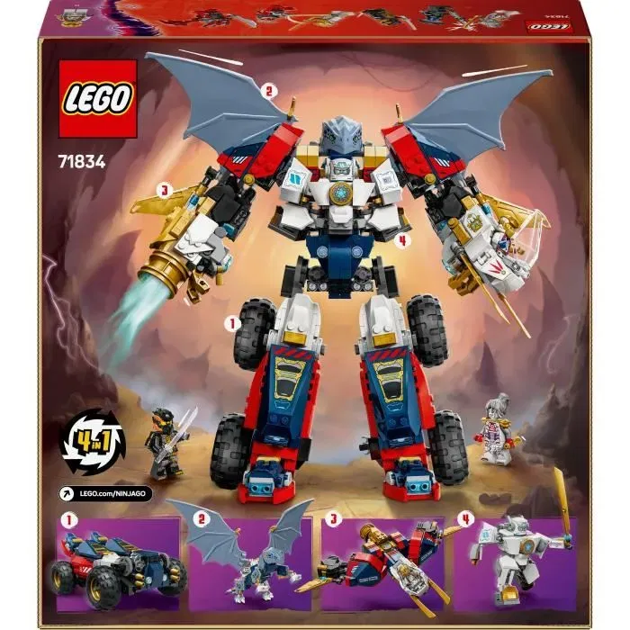 LEGO 71834 NINJAGO Robot Ultra Combo de Zane - Jeu de Construction 4-en-1 avec 6 Minifigurines Transformable en Avion, Voiture, Dragon