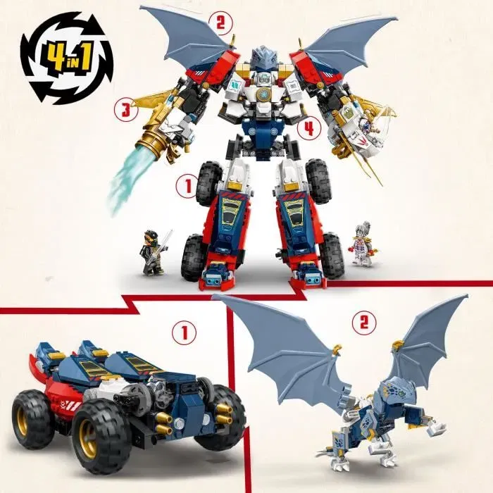LEGO 71834 NINJAGO Robot Ultra Combo de Zane - Jeu de Construction 4-en-1 avec 6 Minifigurines Transformable en Avion, Voiture, Dragon