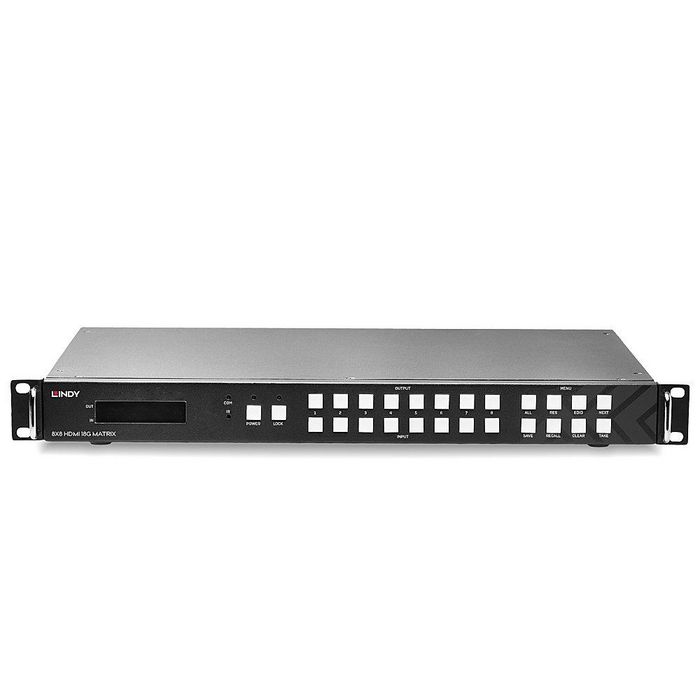 Lindy - Matrice vidéo HDMI 8x8 18Gbps avec Scaler pour mur d'écran, Commutation 4K@60Hz, Contrôle IR/LAN/RS-232 et Extraction Audio
