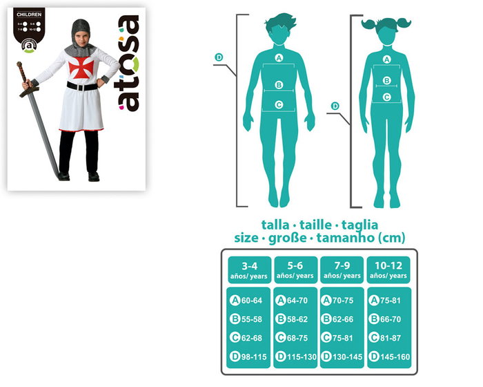 Déguisement Chevalier des Croisades pour Garçon 5-6 Ans - Tunique, Ceinture et Chapeau en Polyester Blanc pour Carnaval et Fêtes
