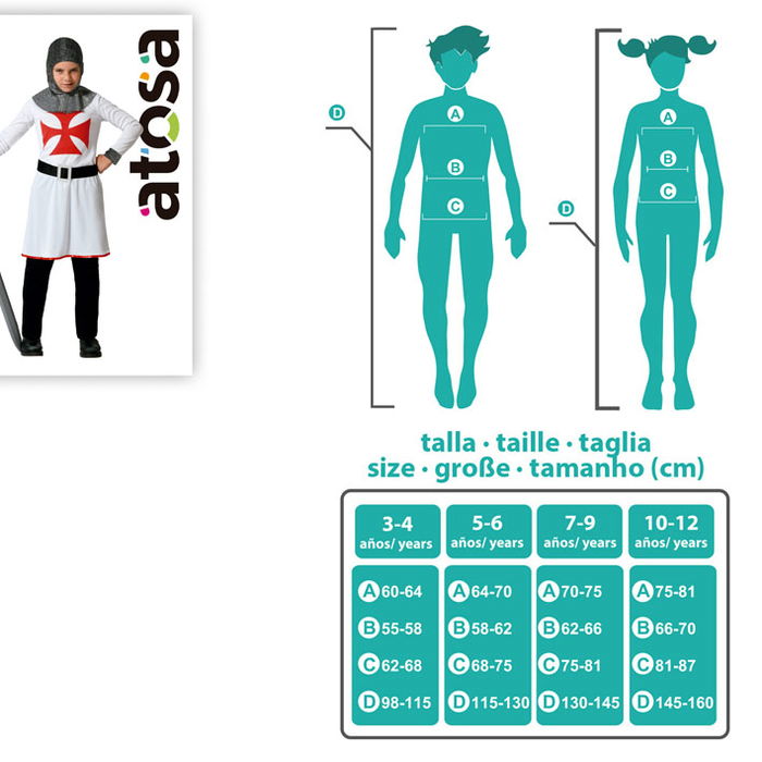 Déguisement Chevalier des Croisades pour Enfant 5-6 Ans - Tunique, Ceinture et Chapeau Blanc en Polyester - Costume de Fête