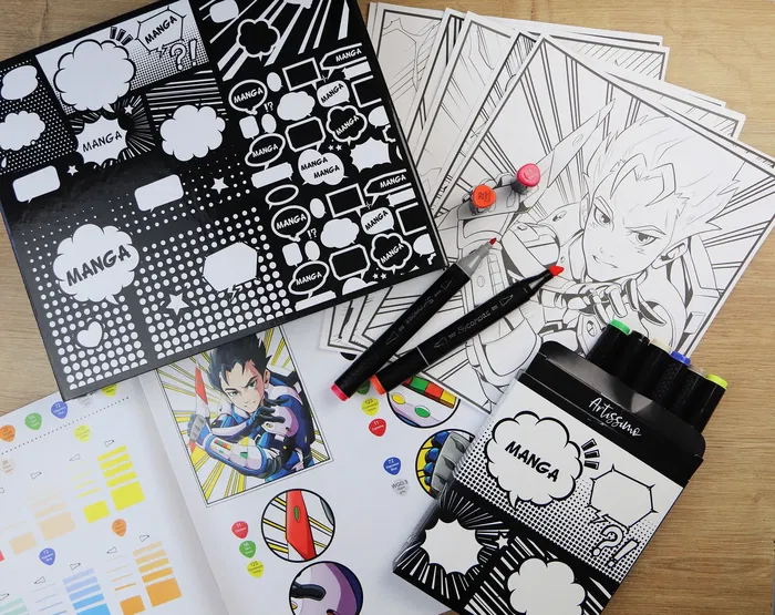 Sycomore - Coffret créatif Manga Garçon avec 10 papiers layout et 8 marqueurs - Parfait pour artistes dès 10 ans