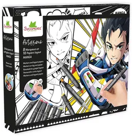 Sycomore - Coffret créatif Manga Garçon avec 10 papiers layout et 8 marqueurs - Parfait pour artistes dès 10 ans