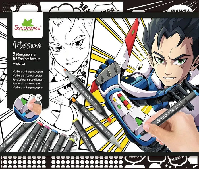 Sycomore - Coffret créatif Manga Garçon avec 10 papiers layout et 8 marqueurs - Parfait pour artistes dès 10 ans