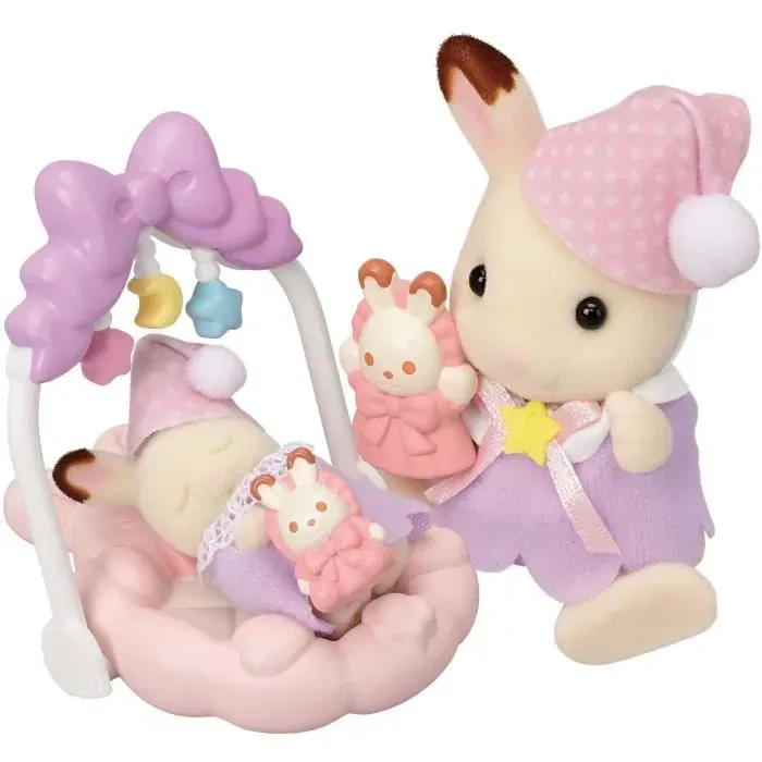 Sylvanian Families Figurine Set Coucher des Sœurs Lapin Chocolat 5806 - Bébé et Soeur avec Accessoires de Nuit