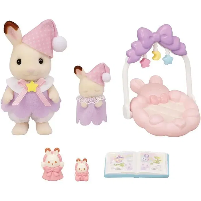 Sylvanian Families Figurine Set Coucher des Sœurs Lapin Chocolat 5806 - Bébé et Soeur avec Accessoires de Nuit
