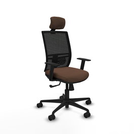 Chaise Yunquera Synchro 4 positions tissu Marron foncé Maille Noir Base en nylon noir Accoudoir 1D Appui-tête 1D Roulettes 65mm nylon