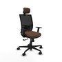 Chaise Yunquera Synchro 4 positions tissu Marron foncé Maille Noir Base en nylon noir Accoudoir 1D Appui-tête 1D Roulettes 65mm nylon