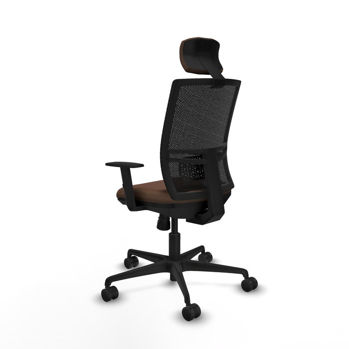 Chaise Yunquera Synchro 4 positions tissu Marron foncé Maille Noir Base en nylon noir Accoudoir 1D Appui-tête 1D Roulettes 65mm nylon