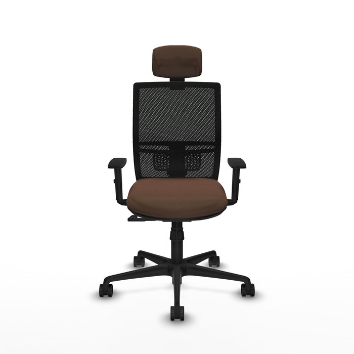 Chaise Yunquera Synchro 4 positions tissu Marron foncé Maille Noir Base en nylon noir Accoudoir 1D Appui-tête 1D Roulettes 65mm nylon