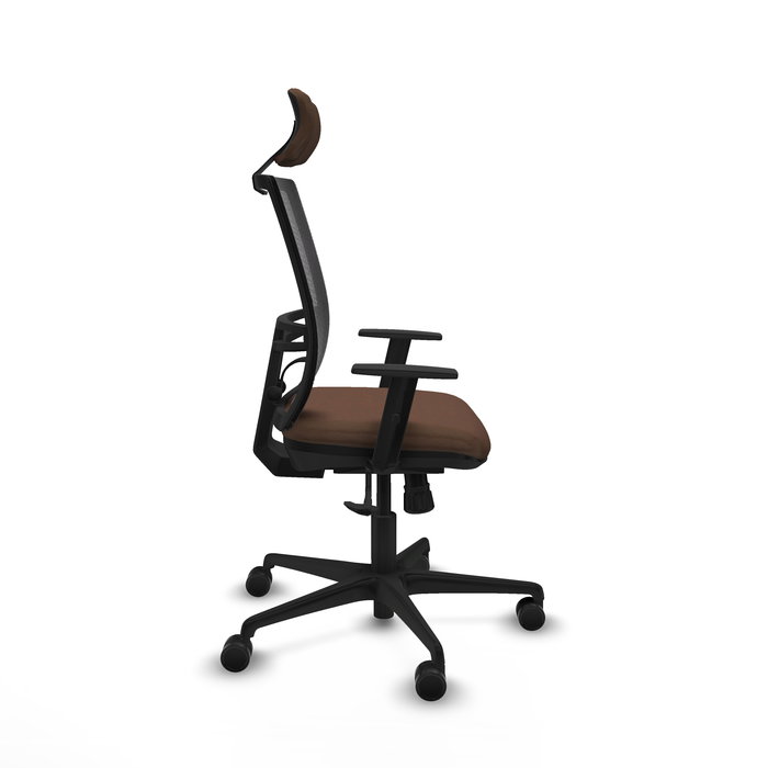 Chaise Yunquera Synchro 4 positions tissu Marron foncé Maille Noir Base en nylon noir Accoudoir 1D Appui-tête 1D Roulettes 65mm nylon