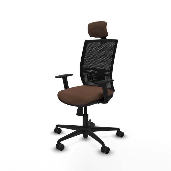 Chaise Yunquera Synchro 4 positions tissu Marron foncé Maille Noir Base en nylon noir Accoudoir 1D Appui-tête 1D Roulettes 65mm nylon