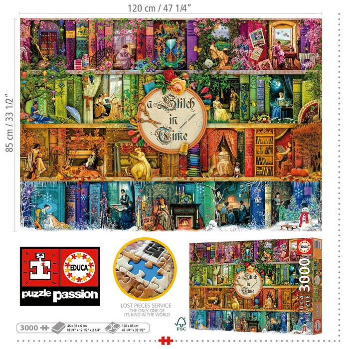 Educa Puzzle 3000 pièces 'Justo A Tiempo' 19946 - Bibliothèque bucolique avec scènes d'artisanat - Dimensions 120 x 85 cm - À partir de 14 ans