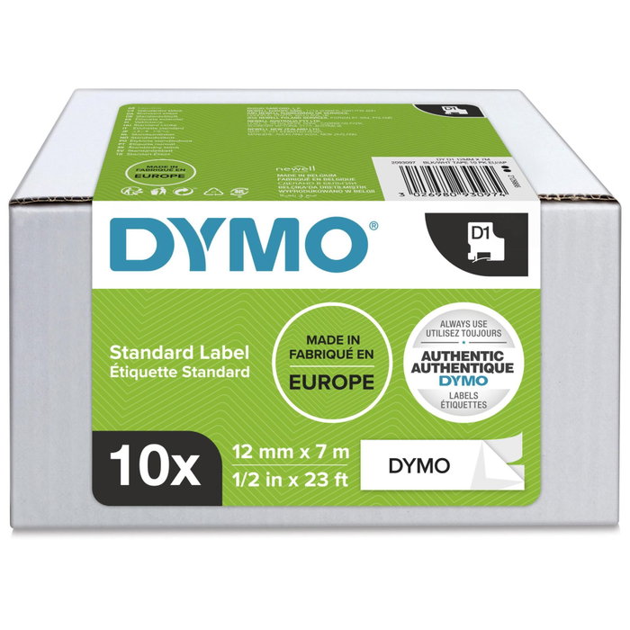 Dymo D1 Ruban d'étiquetage 12mm x 7m, Noir sur Blanc (Lot de 10)