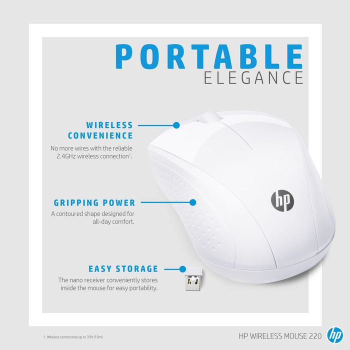 HP 220 - Souris sans fil ambidextre pour voyage, avec nano-récepteur intégré et capteur optique 1600 PPI, couleur Blanc neige