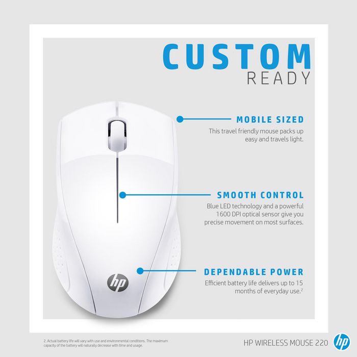 HP 220 - Souris sans fil ambidextre pour voyage, avec nano-récepteur intégré et capteur optique 1600 PPI, couleur Blanc neige