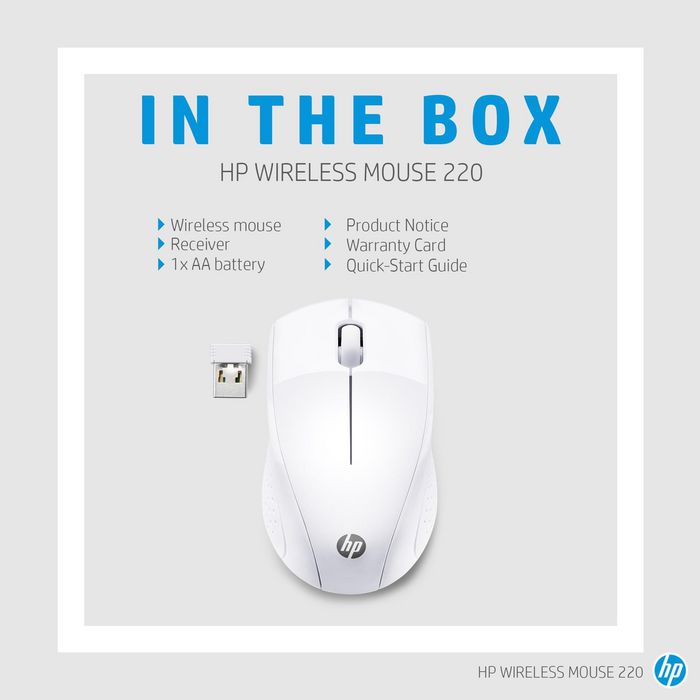 HP 220 - Souris sans fil ambidextre pour voyage, avec nano-récepteur intégré et capteur optique 1600 PPI, couleur Blanc neige