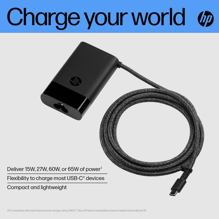 HP Chargeur USB-C 65 W pour ordinateur portable, tablette et smartphone, Compact et léger avec alimentation intelligente