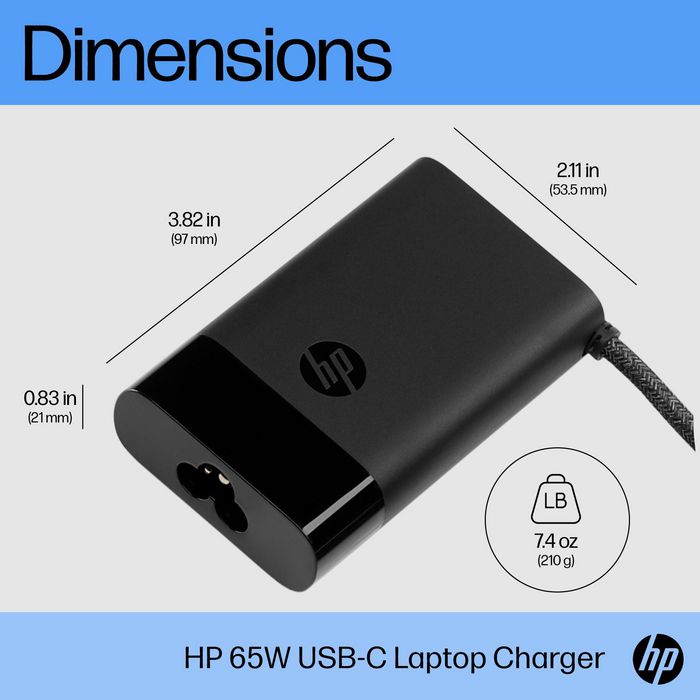 HP Chargeur USB-C 65 W pour ordinateur portable, tablette et smartphone, Compact et léger avec alimentation intelligente
