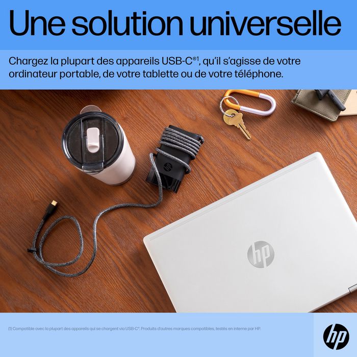 HP Chargeur USB-C 65 W pour ordinateur portable, tablette et smartphone, Compact et léger avec alimentation intelligente