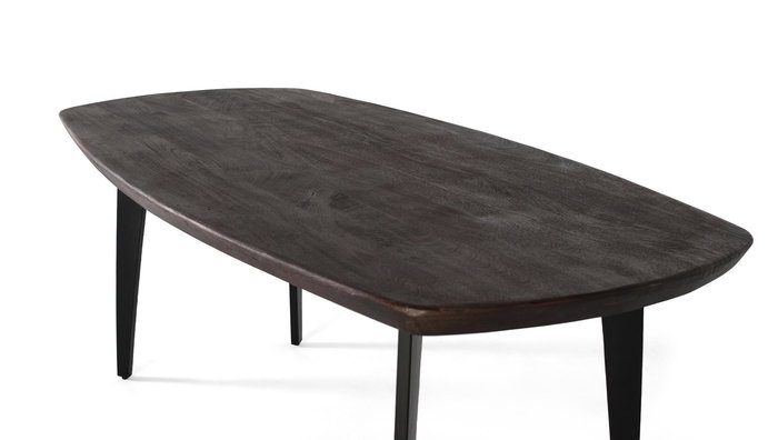 Table de salle à manger en bois de manguier 200 cm, forme ovale, finition noyer foncé, pieds en fer noir - GINER Y COLOMER