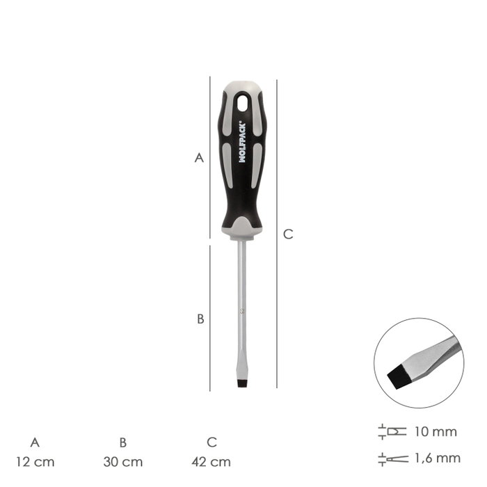 WOLFPACK LINEA PROFESIONAL Tournevis plat estampé en acier S2, 1,6 x Ø 9,0 x 300 mm WOLFPACK LINEA PROFESIONAL Tournevis plat estampé en acier S2, 1,6 x Ø 9,0 x 300 mm