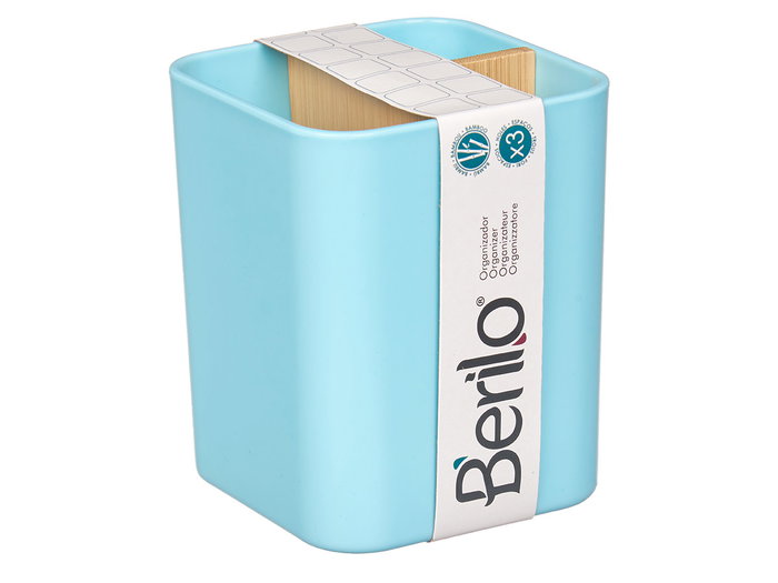 Berilo Organiseur carré 3 compartiments bleu en bambou et plastique 9x11x9 cm (Set de 6)