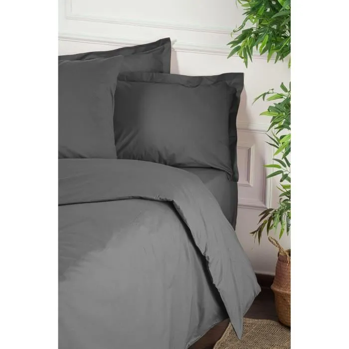 Parure de lit 100% coton renforcé king - Housse de couette 220 x 240 cm + 2 taies d'oreiller 60 x 60 cm - Anthracite