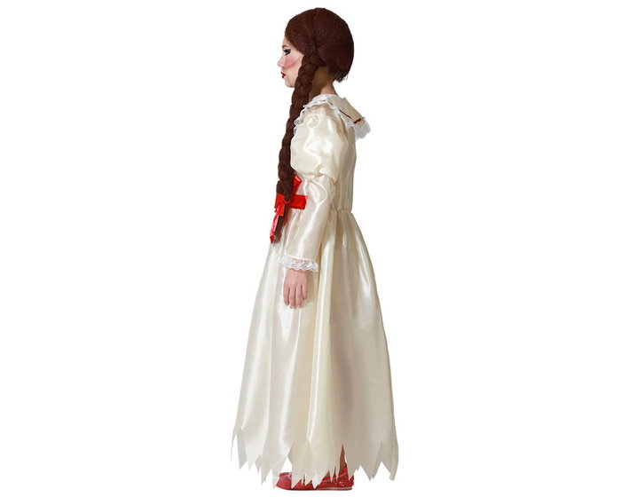 Déguisement Halloween Fille 7-9 Ans, Costume Porcelaine Poupée Blanche à Volants et Ceinture Rouge, Composition Polyester, Fermeture Velcro