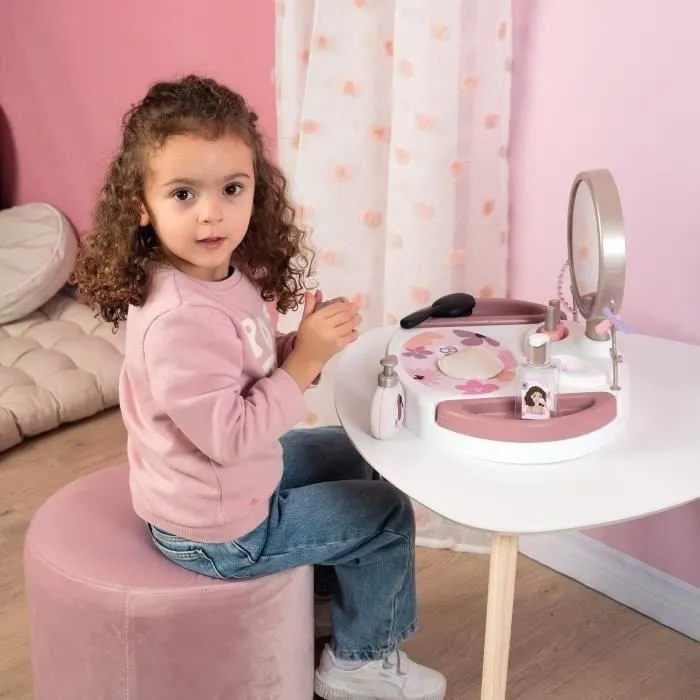 Smoby - My Beauty Studio - Coiffeuse Enfant avec Miroir Amovible, Étagères Rotatives et 15 Accessoires de Maquillage Factice - Jouet en Matière Recyclée - Dès 3 Ans