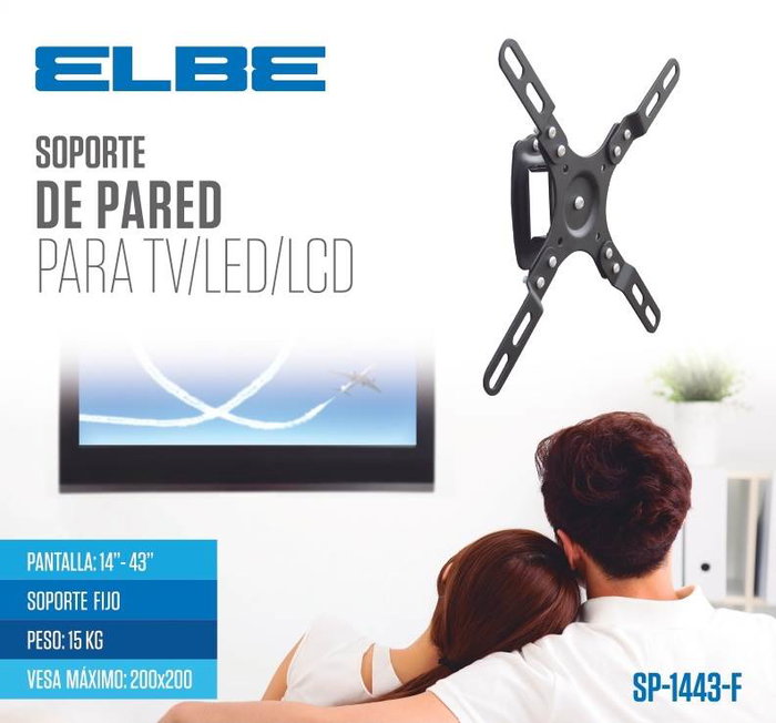Elbe SP-1443-F Support mural fixe pour téléviseurs 14 à 43 pouces, compatible VESA jusqu'à 200x200, charge max 15 kg, couleur noir