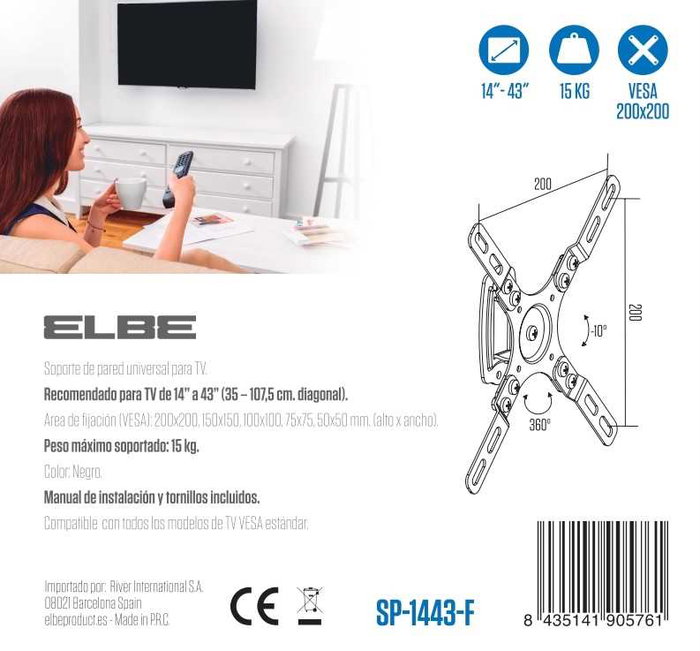 Elbe SP-1443-F Support mural fixe pour téléviseurs 14 à 43 pouces, compatible VESA jusqu'à 200x200, charge max 15 kg, couleur noir