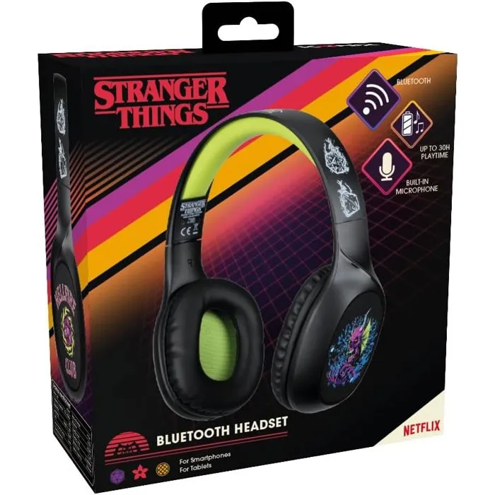 Konix - Casque Audio Sans Fil Stranger Things, Bluetooth 5.3, Microphone intégré, Autonomie 30h, Noir/Jaune Konix - Casque Audio Sans Fil Stranger Things, Bluetooth 5.3, Microphone intégré, Autonomie 30h, Noir/Jaune