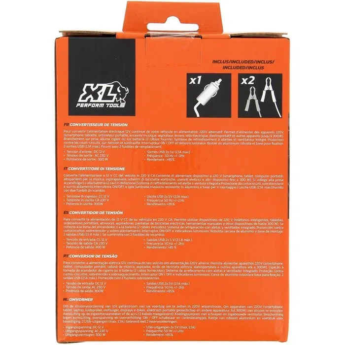 Xlpt Convertisseur de Tension 300W - DC 12V vers AC 230V - 2 Prises USB (2.1A) - Pour Véhicule - Avec Fusibles de Rechange et Câbles