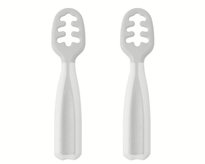 KioKids Set de 2 Cuillères d'Apprentissage Pré-Cuillère pour Bébé Grises, pour Purées et Aliments Solides Machacés, Aide à la Dentition, Recommandé +6 Mois