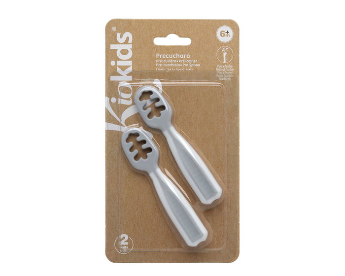 KioKids Set de 2 Cuillères d'Apprentissage Pré-Cuillère pour Bébé Grises, pour Purées et Aliments Solides Machacés, Aide à la Dentition, Recommandé +6 Mois