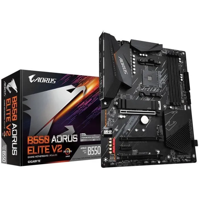 GIGABYTE B550 AORUS ELITE V2 Carte mère AMD AM4 (Ryzen 5000/3000) avec VRM 12+2 phases, DDR4 4733 MHz, PCIe 4.0 M.2, LAN 2.5GbE, USB 3.2 Gen 2 GIGABYTE B550 AORUS ELITE V2 Carte mère AMD AM4 (Ryzen 5000/3000) avec VRM 12+2 phases, DDR4 4733 MHz, PCIe 4.0 M.2, LAN 2.5GbE, USB 3.2 Gen 2