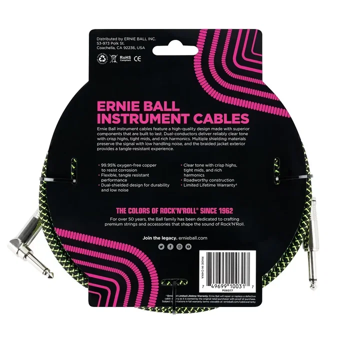 ERNIEBALL Câble Instrument Jack-Jack Tressé 2.54 m - Noir et Vert ERNIEBALL Câble Instrument Jack-Jack Tressé 2.54 m - Noir et Vert