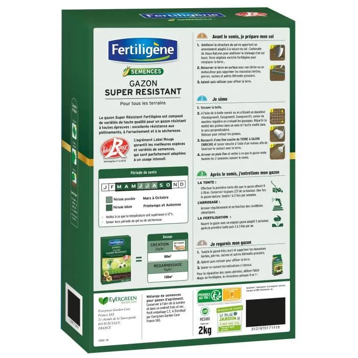 Fertiligene Gazon Super Résistant Tous Terrains Label Rouge - 2 kg - Mélange Ray Grass Anglais, Fétuque, Pâturin - Résiste au piétinement et à la sécheresse