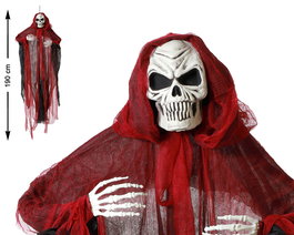 Skull Suspension Décoration Halloween avec Cape Rouge et Détails Noirs 190 cm - Squelette Effrayant pour Extérieur et Jardin
