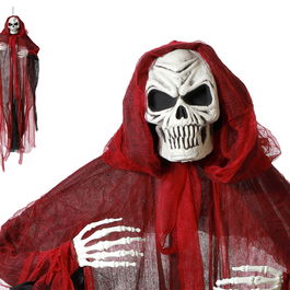Skull Suspension Décoration Halloween avec Cape Rouge et Détails Noirs 190 cm - Squelette Effrayant pour Extérieur et Jardin
