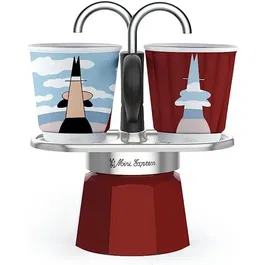Bialetti Mini-Express Magritte - Cafetière italienne inox rouge avec 2 tasses à expresso - Set complet