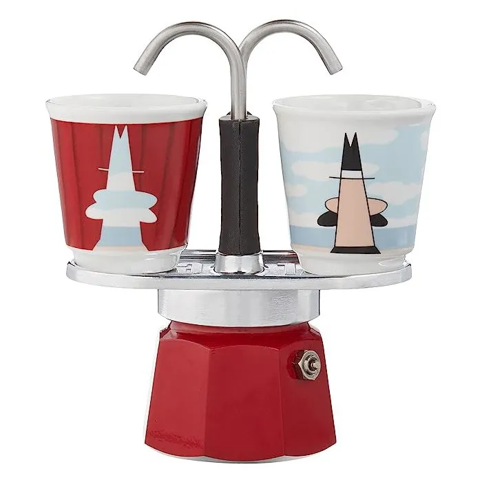 Bialetti Mini-Express Magritte - Cafetière italienne inox rouge avec 2 tasses à expresso - Set complet
