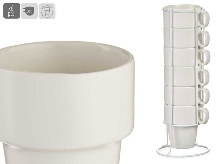 VESSIA Set de 6 tasses empilables en porcelaine et métal blanc 360ml VESSIA Set de 6 tasses empilables en porcelaine et métal blanc 360ml