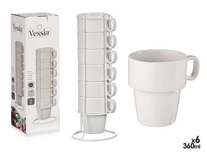 VESSIA Set de 6 tasses empilables en porcelaine et métal blanc 360ml VESSIA Set de 6 tasses empilables en porcelaine et métal blanc 360ml