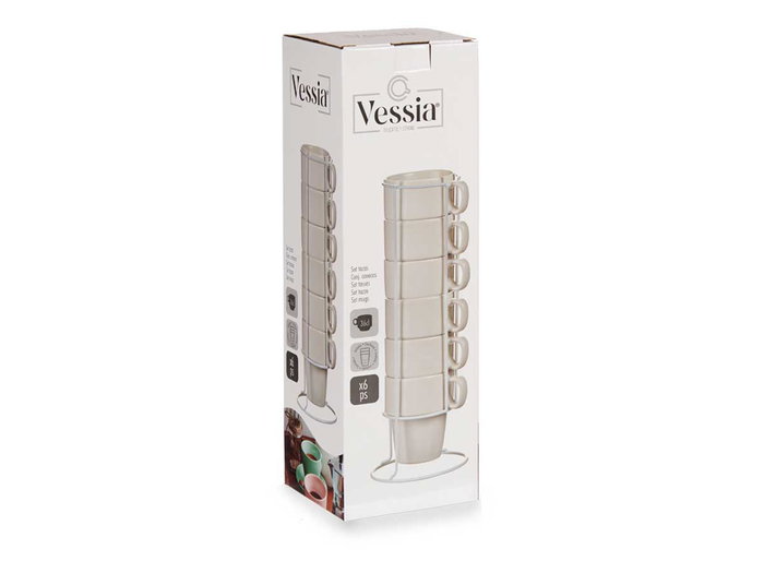 VESSIA Set de 6 tasses empilables en porcelaine et métal blanc 360ml VESSIA Set de 6 tasses empilables en porcelaine et métal blanc 360ml
