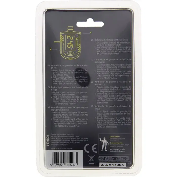 MICHELIN - Contrôleur de pression et d'usure des pneus, 0.35 à 7 bars (précision 0.05 bar), avec mesure de profondeur et affichage digital