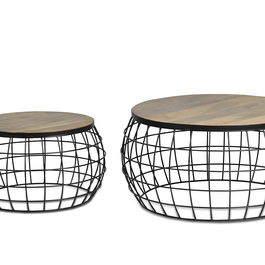 Giner y Colomer - Buffet de salon en bois de manguier massif et métal, couleur naturel - 2 tables basses, grande: 36 cm H x 76 cm diam., petite: 31 cm H x 58 cm diam.