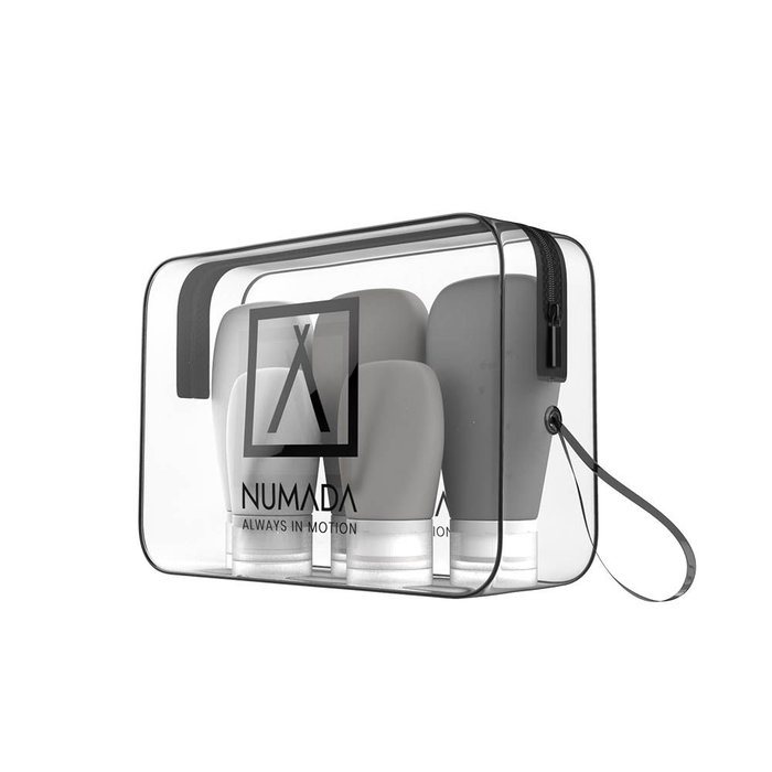 Numada Trousse de toilette transparente PVC avec 5 flacons de voyage silicone rechargeables 200 x 65 x 135 mm Numada Trousse de toilette transparente PVC avec 5 flacons de voyage silicone rechargeables 200 x 65 x 135 mm